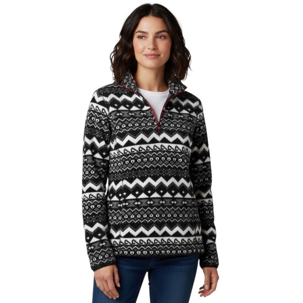 Eddie Bauer Sweater Women's Sz S Fleece Nordic Fair isle Black White Quarter Zip